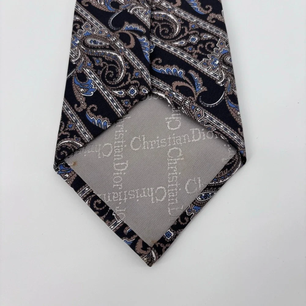 Christian Dior Vintage Silk Paisley Stripe Necktie Men OS Blue Tan Italy USA